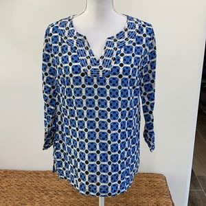 {Talbots}Sz L Blue/Wht/Yellow 3/4 Sleeve Tunic